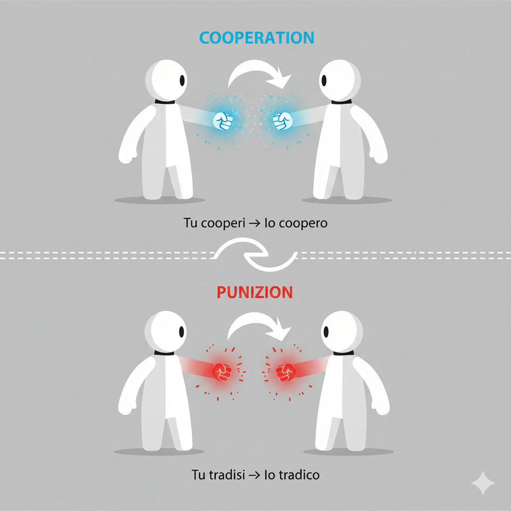 Descrizione Immagine
Protagonisti: Due figure stilizzate identiche (tipo pedine o robot minimalisti).Ambiente: Uno spazio astratto diviso a metà da una linea tratteggiata.Colori: Blu (cooperazione), Rosso (punizione).Significato:

Nella parte alta dell'immagine, la figura A porge una mano (blu) e la figura B stringe la mano (blu). È la fase di cooperazione.
Nella parte bassa, come un riflesso immediato, la figura A tira un pugno (rosso) e istantaneamente la figura B tira lo stesso pugno (rosso).
L'immagine simboleggia l'effetto specchio istantaneo: la strategia non ha "pensieri" propri, si limita a riflettere esattamente l'azione dell'altro, sia essa buona o cattiva.